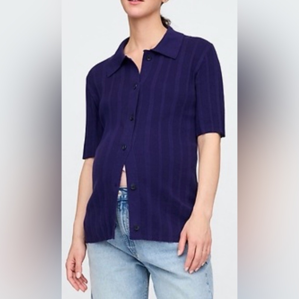 *4/$20* GAP Maternity Ribbed Button Front Polo Shirt, Twilight Navy, sz S